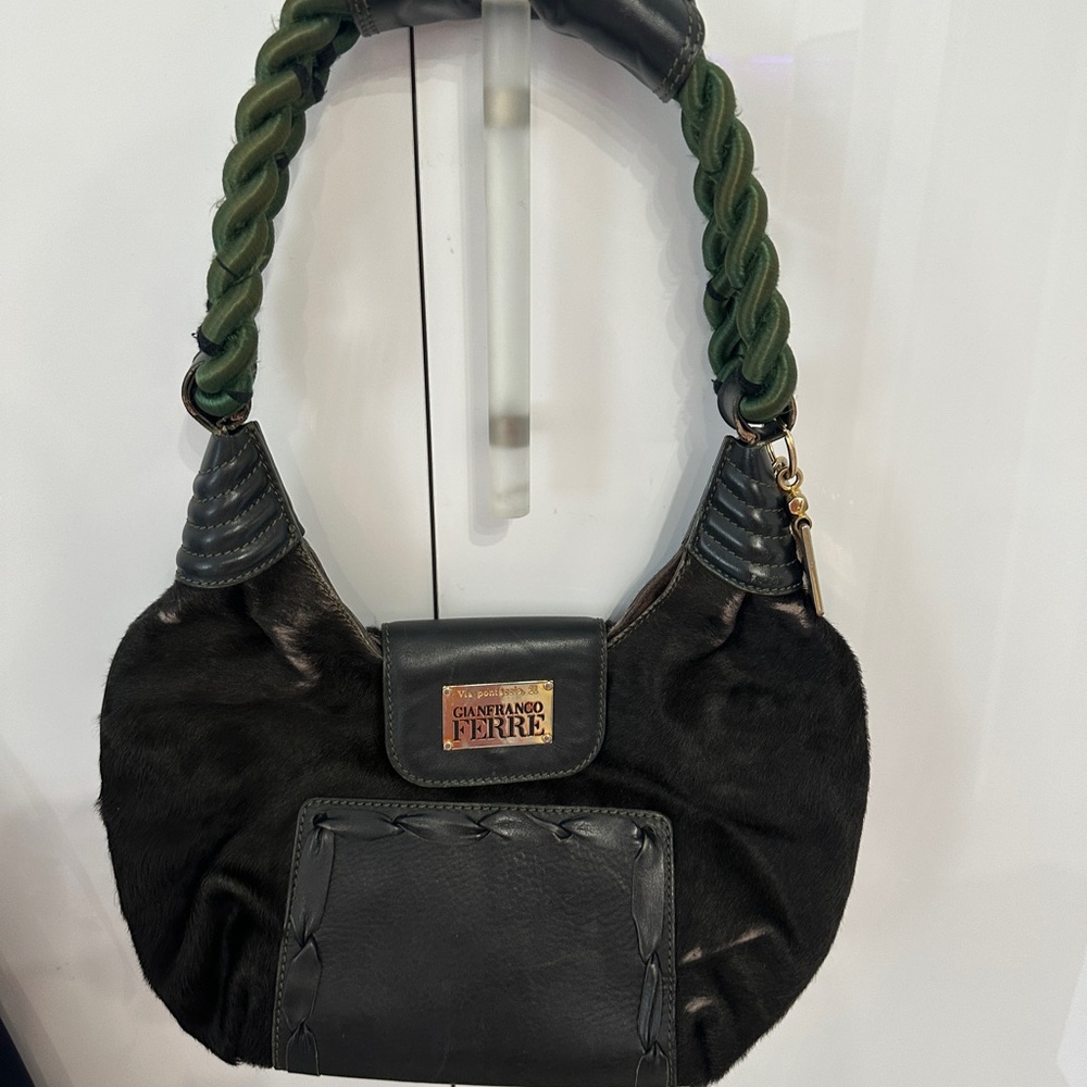 Gianfranco Ferre Black Shoulder Bag with Olive Braided Strap